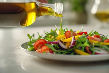 A vibrant plate of salad with fresh vegetables and a drizzle of olive oil on a white table.