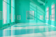 An ultra-modern art gallery with seven vibrant turquoise walls hosting empty mockup posters of various sizes. The gallery is lit by natural light streaming through large windows