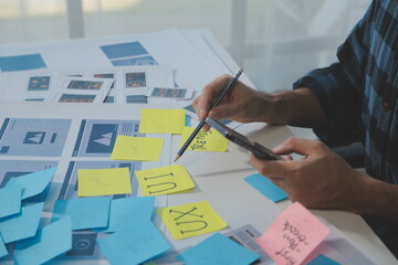 ux Graphic designer creative sketch planning application process development prototype wireframe for web mobile phone . User experience concept.