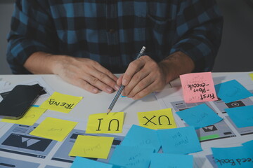 ux Graphic designer creative sketch planning application process development prototype wireframe for web mobile phone . User experience concept.