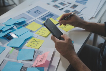 ux Graphic designer creative sketch planning application process development prototype wireframe for web mobile phone . User experience concept.