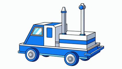 Canvas Print - A blue and white machine with a tall mast and a wide flat platform at the base for carrying bulky items. Its large front wheels and smaller back. Cartoon Vector