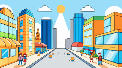 Poster - A bright bustling city street lined with tall buildings of glass and steel that reflect the sunlight. Crowds of people hurry along the sidewalks their. Cartoon Vector