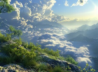 Wall Mural - The Enchanting Mountain Landscape with Fluffy Clouds and Verdant Greenery