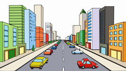 Sticker - A busy urban street lined with towering buildings on one side and a row of parked cars on the other. The road is paved with smooth concrete and dotted. Cartoon Vector