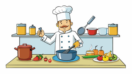 Canvas Print - A chef cooking in a restaurant kitchen carefully following a recipe to create a delicious dish. The kitchen is bustling with activity with pots and. Cartoon Vector