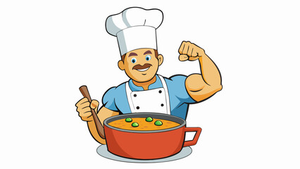 Poster - A cook stirring a pot of thick soup their arm muscles working hard to ensure the mixture is uniform and smooth.. Cartoon Vector