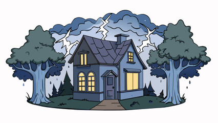 Sticker - A dark stormy night with lightning illuminating the sky casting shadows on the trees and creating an eerie atmosphere. The wind howls through a creaky. Cartoon Vector