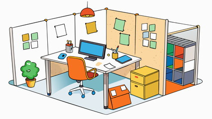 Poster - A cubicle in a bustling office cluttered with colorful postit notes pens and pencils and a motivational calendar. The desk is covered with a computer. Cartoon Vector