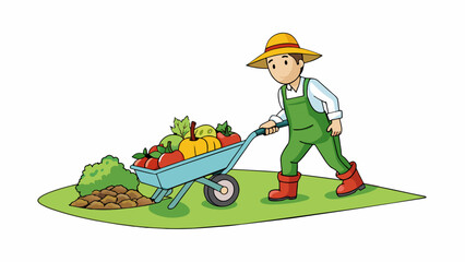 Poster - A farmer in a field pushing a wheelbarrow and harvesting vegetables. As they bend down to pluck ripe produce from the earth their hands are calloused. Cartoon Vector