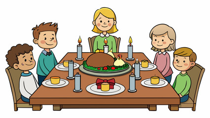 Canvas Print - A family sitting around a beautifully decorated table adorned with candles and a homemade roast turkey. The table represents a sense of togetherness. Cartoon Vector