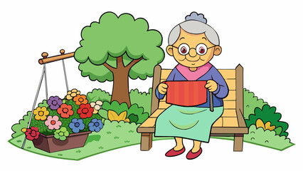 Poster - A gentle wrinkled grandmother perched on a porch swing overlooking a lush garden filled with blooming roses and vegetables. As she gently swings back. Cartoon Vector