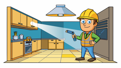 Poster - A home inspector stands in a kitchen shining a flashlight into a dark corner of the ceiling to check for any water damage or leaks. They also use a. Cartoon Vector