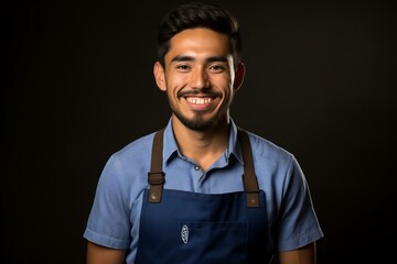 Wall Mural - Portrait of a smiling young Hispanic man wearing a blue apron.