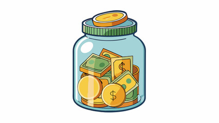 Wall Mural - A jar filled with coins and bills representing the contribution of financial support to a charitable cause. Its characteristics include generosity and. Cartoon Vector