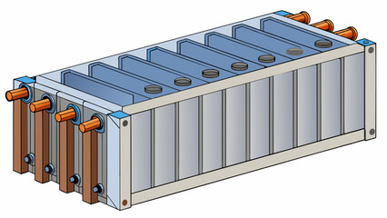 Wall Mural - A large rectangular box divided into multiple chambers by thin metal plates. Fluid flows through alternate chambers with one set of chambers carrying. Cartoon Vector