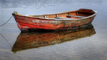 Old wooden boat on the water surface with reflection in the water