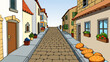 © DigitalSpace - A narrow cobblestone street winding through a charming European village. The uneven stones are worn and weathered and colorful flowers spill out of. Cartoon Vector