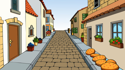 A narrow cobblestone street winding through a charming European village. The uneven stones are worn and weathered and colorful flowers spill out of. Cartoon Vector