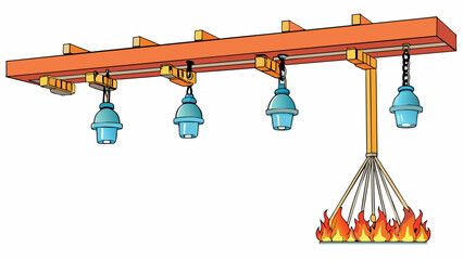 Canvas Print - An overhead sprinkler system with multiple small nozzles attached to pipes along the ceiling. In the event of a fire the system is activated and. Cartoon Vector