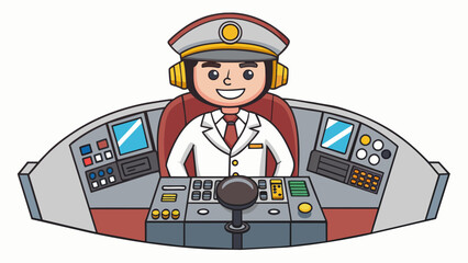 Poster - A pilot in the pit of an airplane preparing for takeoff. The pit is filled with buttons switches and screens and the pilot is using a control wheel. Cartoon Vector