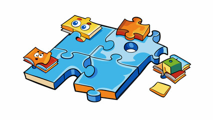 Sticker - A puzzle with missing pieces being fit together depicts the process of education as a journey of piecing together bits of information to form a. Cartoon Vector