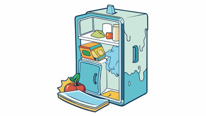 Poster - A refrigerator that doesnt keep food cold resulting in spoiled groceries. The door seal is torn and ice has formed on the back of the freezer.. Cartoon Vector