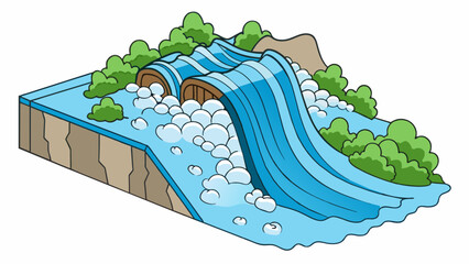 Sticker - A river flows steadily its energy churning and turning the water as it cascades over rocks.. Cartoon Vector