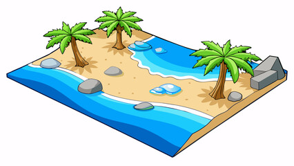 Poster - A rocky beach with crystal clear blue water and smooth pebbles tered along the shore. The area also has a few s of tall palm trees providing some. Cartoon Vector