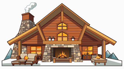 Poster - A rustic mountain lodge with a cozy cabinlike atmosphere. The lobby has a large stone fireplace woodpaneled walls and comfortable leather seating. The. Cartoon Vector