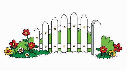 Wall Mural - A simple white picket gate with a rusty latch leading to a lush garden with blooming flowers and a designated path.. Cartoon Vector