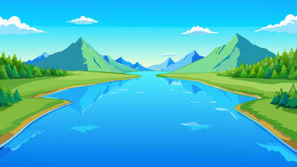 Canvas Print - A smooth glassy lake stretching as far as the eye can see reflecting the clear blue sky above and the surrounding hills. The calm surface of the water. Cartoon Vector