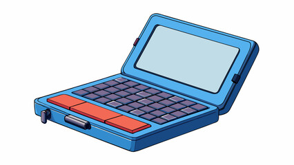 Wall Mural - A square device with a small screen and a compact keyboard attached. The screen can be flipped up to reveal the keyboard for typing. The device is. Cartoon Vector