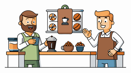 Poster - At a bustling coffee shop a barista enthusiastically explains the flavor profiles of different beans to a customer while they wait for their pourover. Cartoon Vector