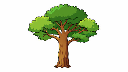 Wall Mural - A tall and sy oak tree its trunk lined with deep crevices and its branches stretching towards the sky like reaching fingers.. Cartoon Vector