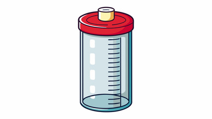 Sticker - A tall cylindrical container made of clear plastic with a twistoff lid and measurements marked on the side. It has a handle on top and a pour spout on. Cartoon Vector