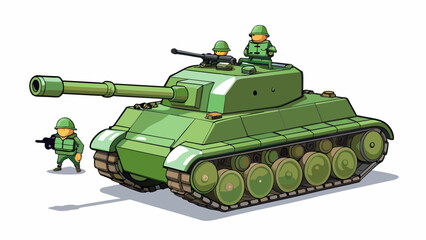 Sticker - A tank painted in shades of green and brown idling menacingly with its cannon pointed forward. Its hulking size is highlighted by the small figures of. Cartoon Vector