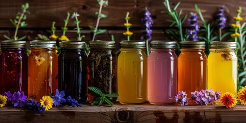 Wall Mural - An assortment of colorful infused honey in glass jars with flowers