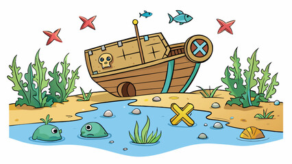 Poster - At the bottom of a deep and treacherous sea a sunken ship rests ast swaying seaweed and schools of glimmering fish. A the debris lies a tattered map. Cartoon Vector