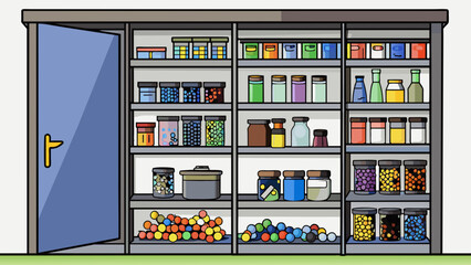 Poster - At the back of the workshop there is a tall metal storage cabinet filled to the brim with neatly labeled jars and containers of screws nails and. Cartoon Vector