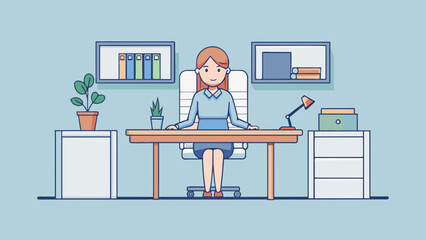 Sticker - A woman sits at her desk in a minimalist office surrounded by clean and streamlined furniture. The mode of her workspace could be described as sleek. Cartoon Vector