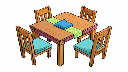 Wall Mural - A wooden dining table with four chairs each with a different colored cushion.. Cartoon Vector