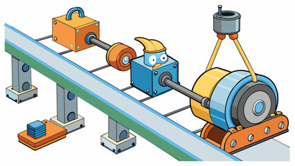 Wall Mural - In a bustling assembly line a tall industrial motor can be seen lifting and moving heavy objects with ease. Its thick metal arm extends and retracts. Cartoon Vector