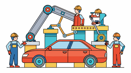 Poster - In a car manufacturing plant robotic arms work in tandem with human workers to piece together various parts to create a functioning vehicle. The. Cartoon Vector