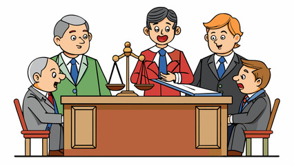 Poster - In a courtroom two lawyers are presenting their arguments to a jury. One lawyer argues that the defendant is innocent based on lack of evidence and. Cartoon Vector