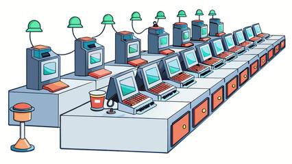 Sticker - In Lab C rows of computers are lined up along the walls. Each computer is connected to a set of wires and probes that lead to a large machine in the. Cartoon Vector