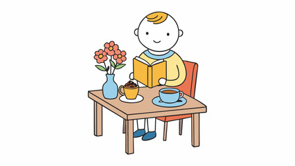 Sticker - In the restaurant a guest sits comfortably at a table reading a book and sipping on a cup of tea. They have a small bouquet of wildflowers in a rustic. Cartoon Vector