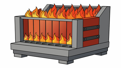 Wall Mural - Inside the industrial furnace long rows of metal bars are arranged in layers with intense flames licking at their surface. The furnaces high. Cartoon Vector