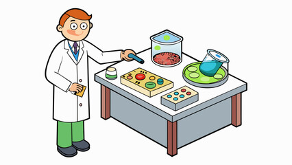 Sticker - On a large metal desk in Lab D there are several petri dishes filled with nutrient agar and swabbed with different types of bacteria. A scientist in a. Cartoon Vector