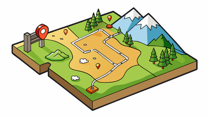 Wall Mural - On a hiking trail a clear map at the trailhead is a priority featuring prominent topographic lines key landmarks and safety information for hikers to. Cartoon Vector